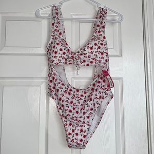 Xhilaration Swim Pink, White, and Green Floral Print Cut Out One Piece Swimsuit